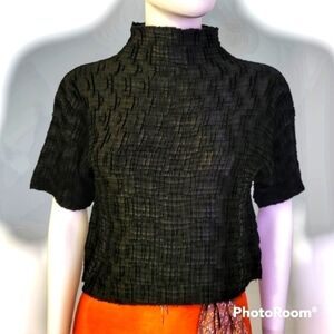 3/$30 VTG MICHELE MICHELLE Black Crinkle Cropped High Neck Blouse